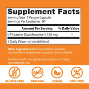 Doctor's Best L-Theanine with Suntheanine, bottle packaging, unflavoured, 150mg, 90 veggie capsules, supplement facts and ingredients