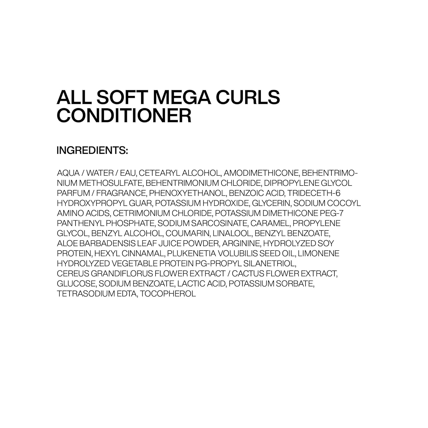 Redken All Soft Mega Curls Shampoo and Conditioner Bundle ingredient panel with aloe vera glycerin cactus flower extract and Inca Inchi oil