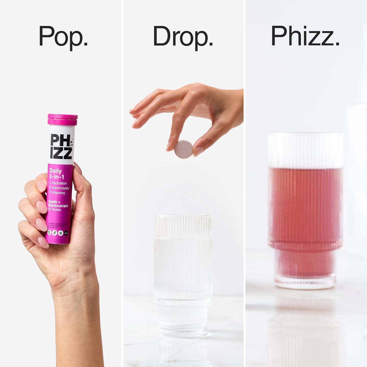 Phizz apple blackcurrant hydration tablet dissolving in water tube 20 tablets