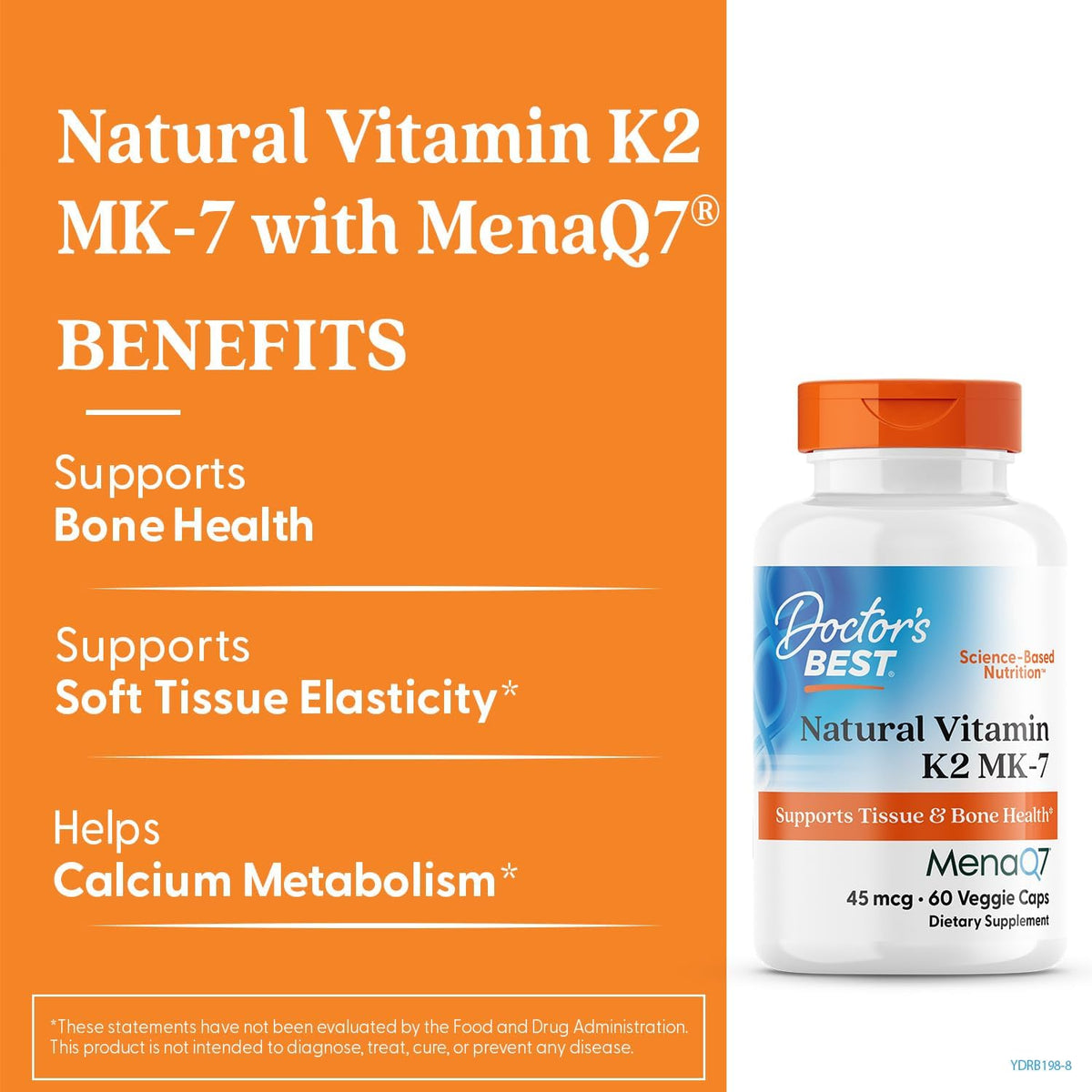 Doctor's Best Natural Vitamin K2 MK-7 with MenaQ7, bottle packaging, unflavoured, 45mcg, 60 or 180 veggie capsules, daily dietary supplement use