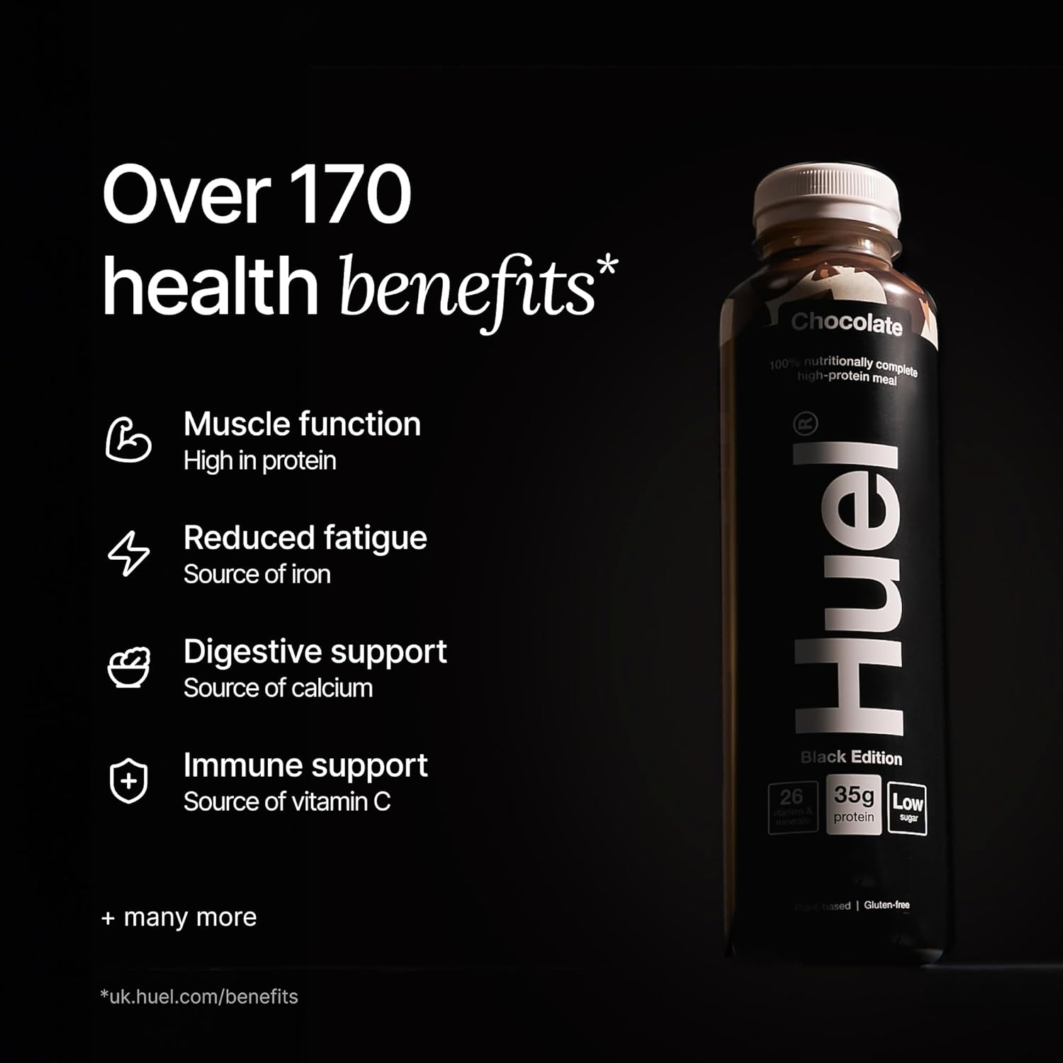 Huel Black Edition Ready-to-Drink Chocolate meal drink bottle serving instructions 500ml bottle 8 pack benefits