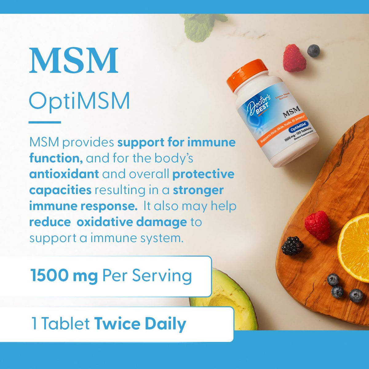 Doctor's Best MSM with OptiMSM, bottle packaging, no flavour, 1500mg, 120 tablets, daily use instructions