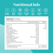 Novomins Focus Gummies Strawberry 60 Count nutritional info vitamins minerals panel
