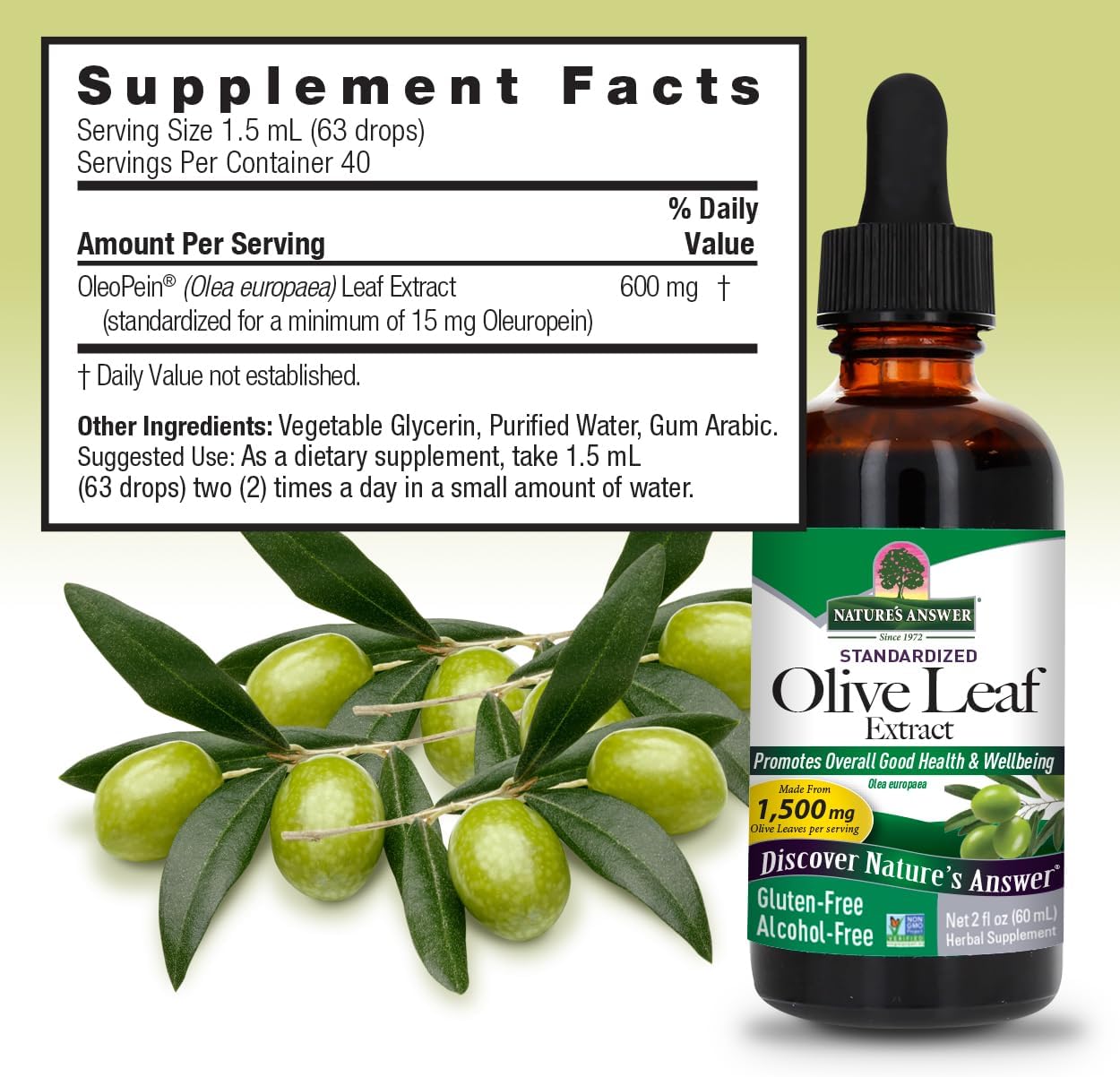 Nature’s Answer Olive Leaf liquid extract supplement facts 60ml bottle