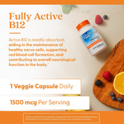 Doctor's Best Fully Active Vitamin B12, bottle packaging, unflavoured, 1500mcg, 60 or 180 veggie capsules, daily use instructions