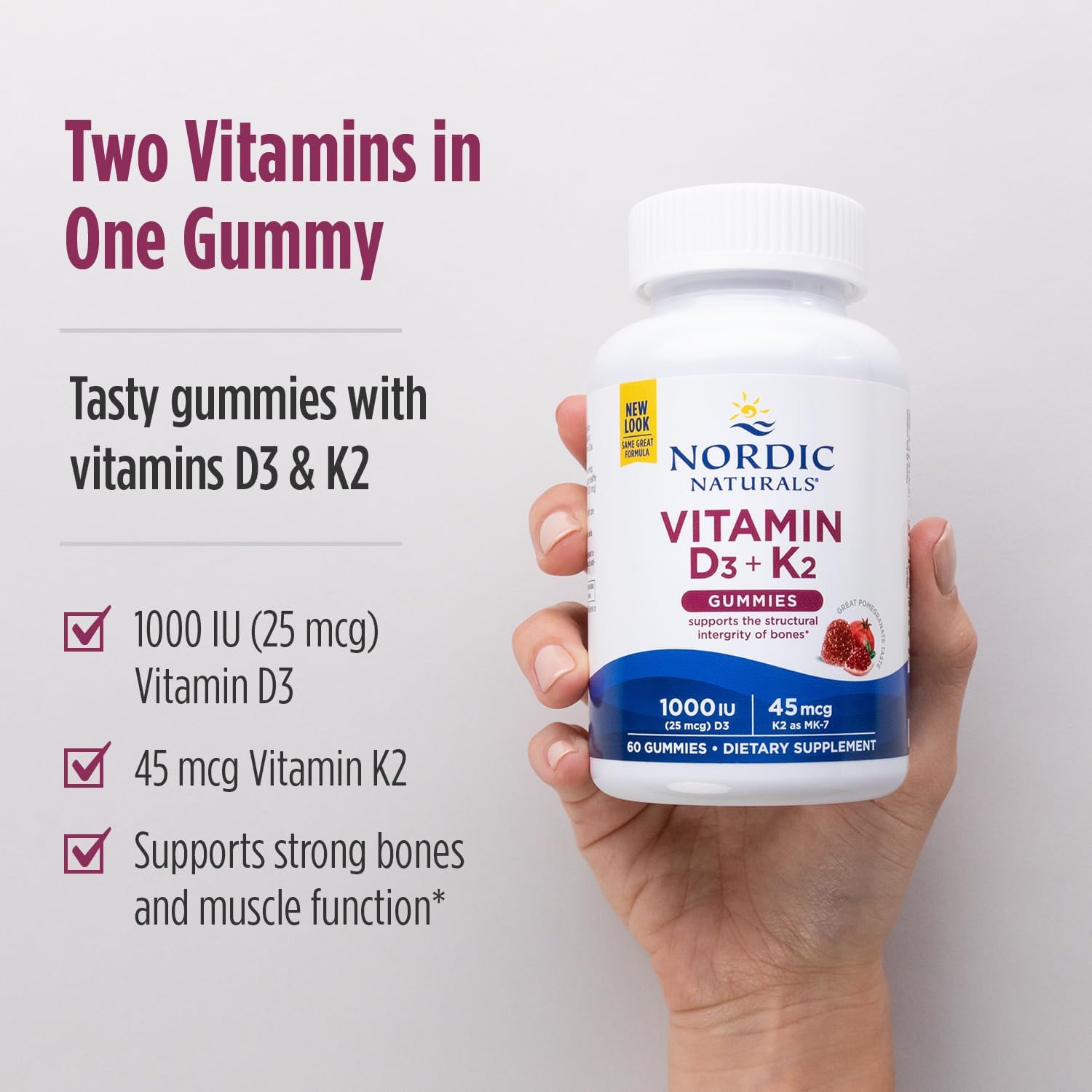 Nordic Naturals Vitamin D3 + K2 Pomegranate 60 Gummies bottle for adults.