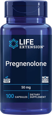 Life Extension Pregnenolone 50mg supplement bottle, 100 capsules for wellness support.