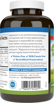 Barcode image & Directions: Carlson Magnesium Gels 400 mg softgels barcode bottle 100 count
