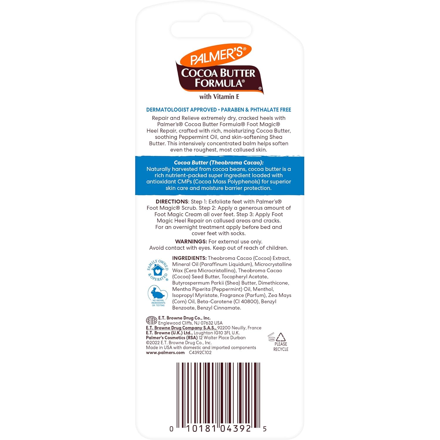 Palmer's Cocoa Butter Formula Foot Magic Heel Repair Stick 25g ingredients label with cocoa butter and shea butter & barcode