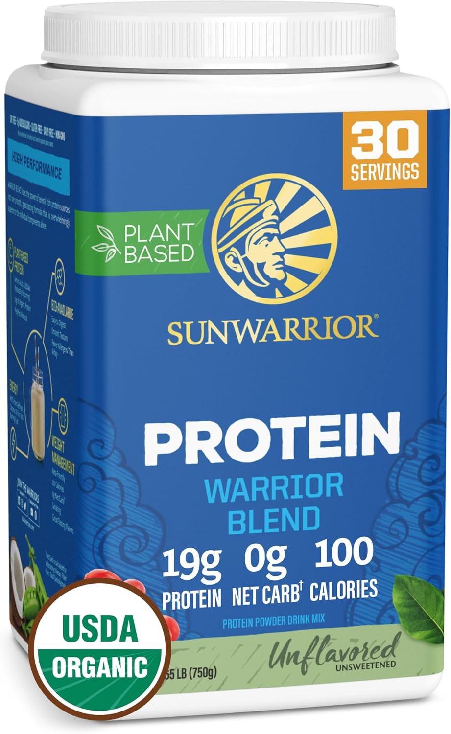 Sunwarrior Organic Plant-Based Protein Powder tub, unflavoured 750g.