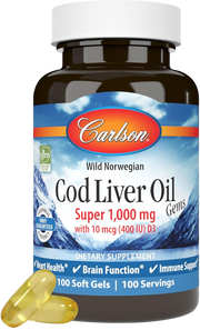 Front image: Carlson Cod Liver Oil Gems 1000 mg softgels vitamin D3 100 bottle