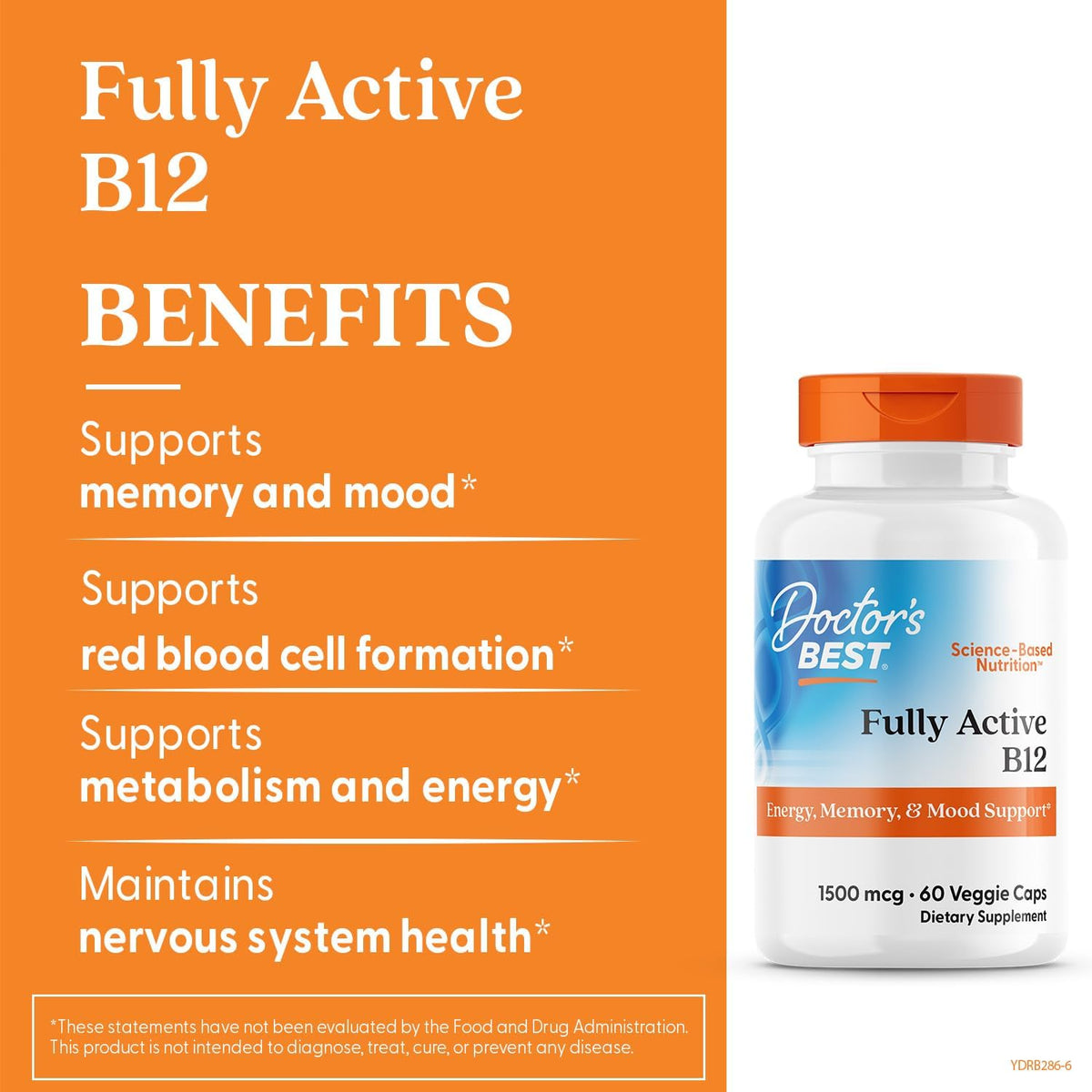 Doctor's Best Fully Active Vitamin B12, bottle packaging, unflavoured, 1500mcg, 60 or 180 veggie capsules, daily dietary supplement use
