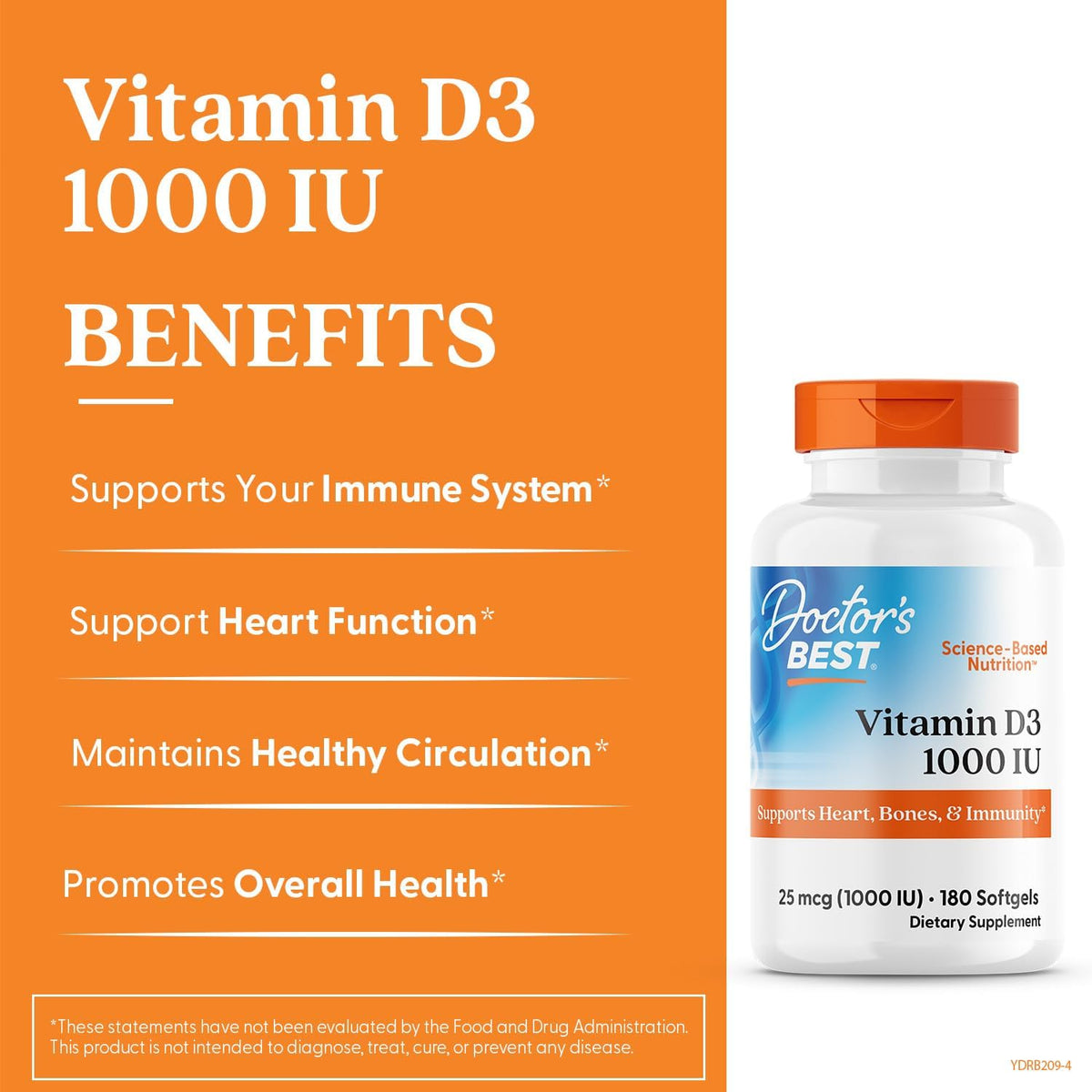 Doctor's Best Vitamin D3, bottle packaging, unflavoured, 1000 IU 25mcg, 180 softgels, daily dietary supplement use