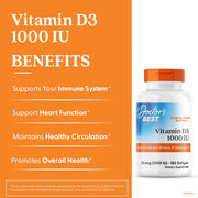 Doctor's Best Vitamin D3, bottle packaging, unflavoured, 1000 IU 25mcg, 180 softgels, daily dietary supplement use