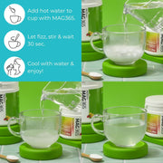 How to Use: Teaspoon of unflavored MAG365 powder being mixed into a glass of clear water.