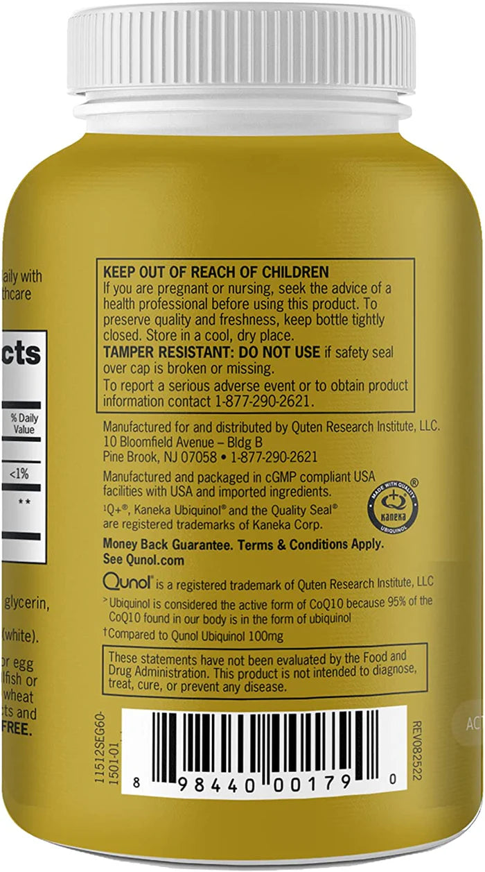 Barcode image: Qunol Ubiquinol CoQ10 softgels barcode bottle 200mg 60 count