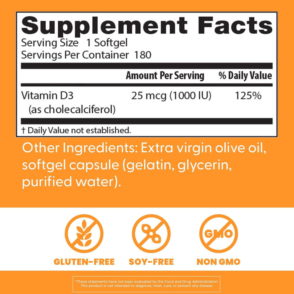Doctor's Best Vitamin D3, bottle packaging, unflavoured, 1000 IU 25mcg, 180 softgels, supplement facts and ingredients