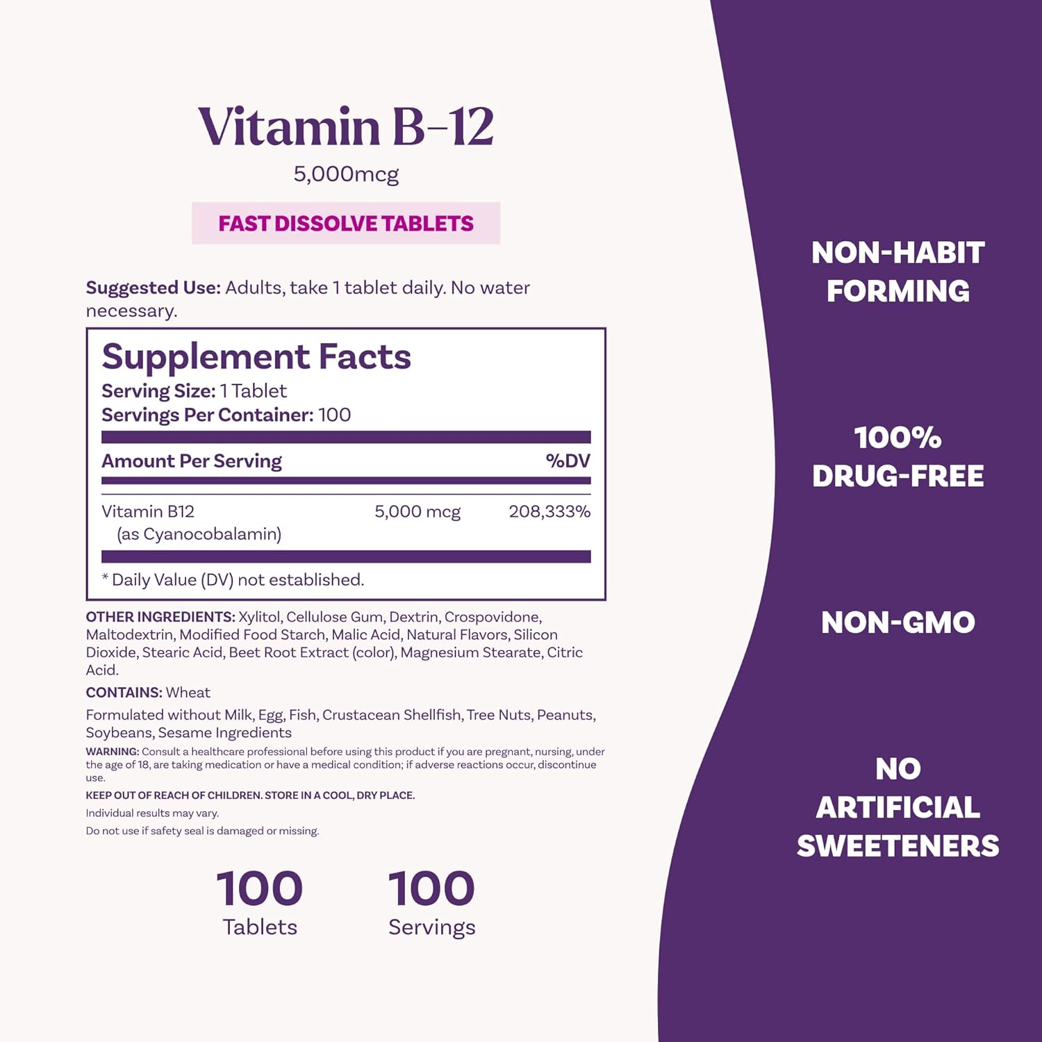 Natrol Fast Dissolve Vitamin B12 strawberry supplement facts label bottle 100 tablets