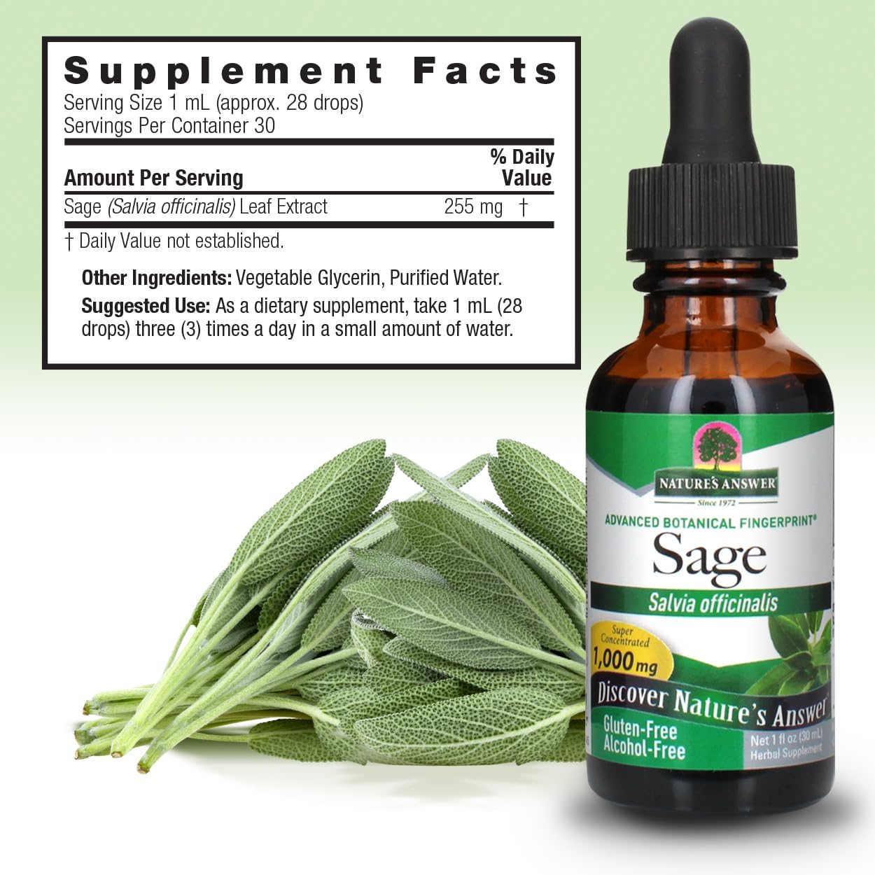 Nature's Answer Alcohol-Free Sage Leaf Extract 30ml supplement facts and directions