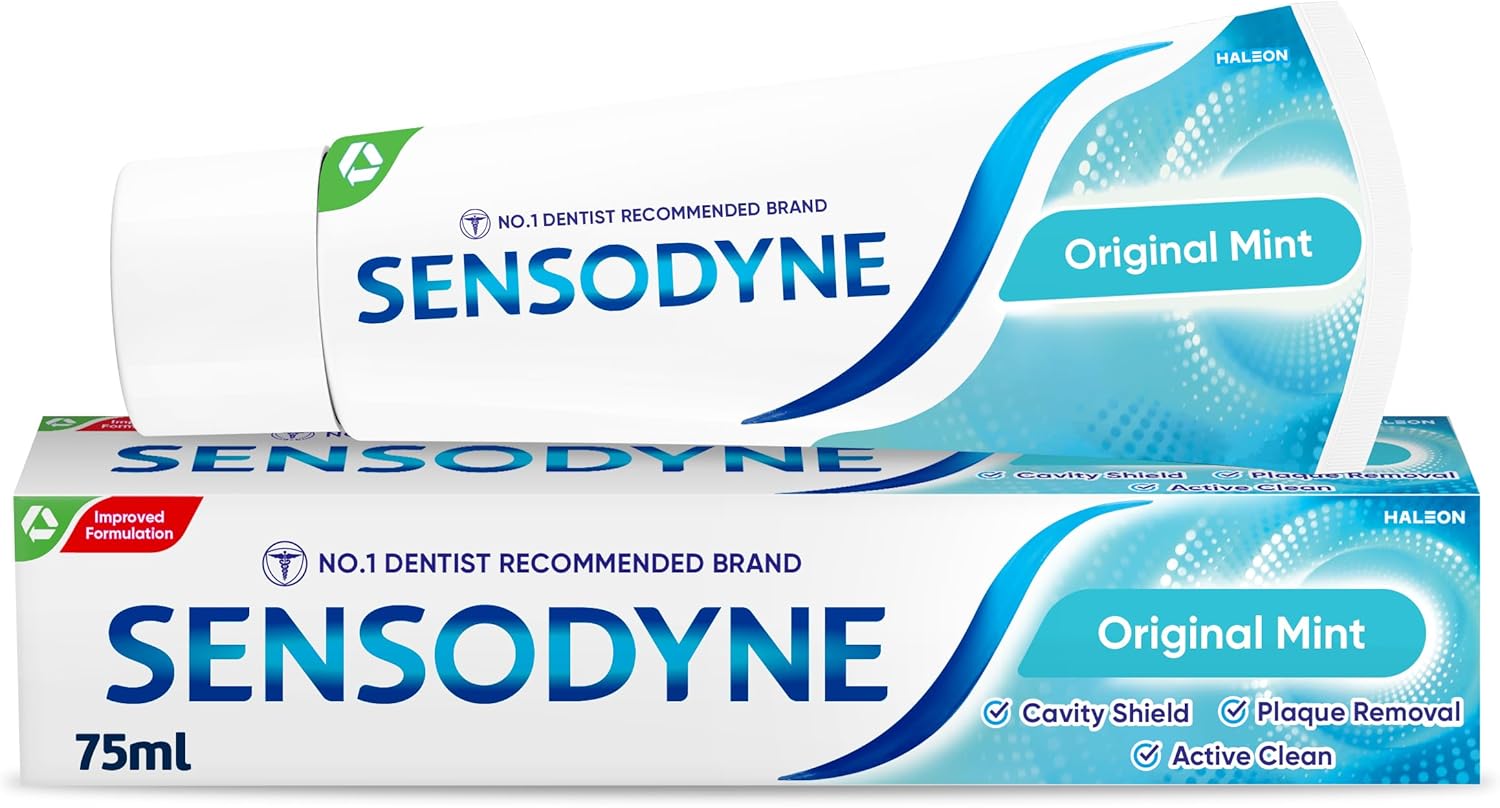 White and blue tube & box of Sensodyne Daily Care Original Mint Toothpaste for sensitive teeth, 75ml.