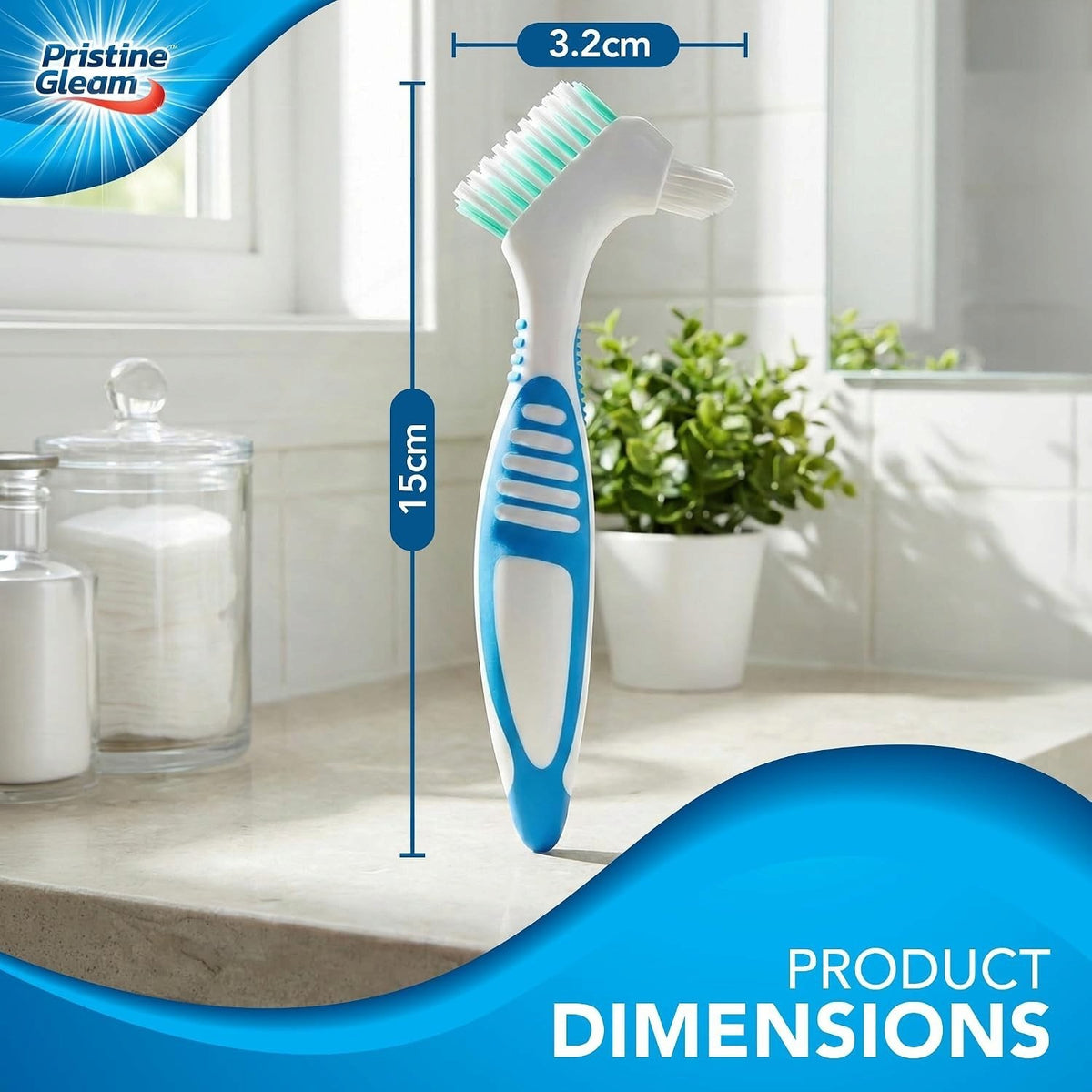 Pristine Gleam Denture Cleaning Brush packaging showing product dimension