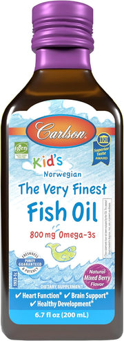 Front image: Carlson Kids fish oil liquid omega 3 800 mg mixed berry flavour 200 ml bottle