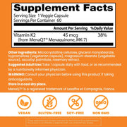 Doctor's Best Natural Vitamin K2 MK-7 with MenaQ7, bottle packaging, unflavoured, 45mcg, 60 or 180 veggie capsules, supplement facts and ingredients