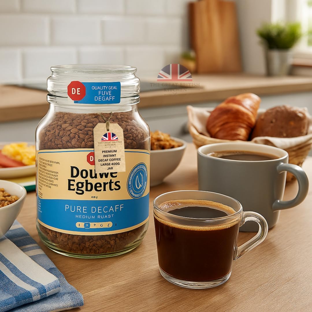 Lifestyle Image: Douwe Egberts Pure Decaff instant coffee granules 400g prepared coffee mug lifestyle