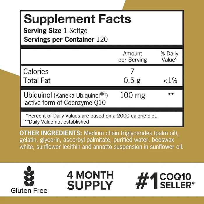 Qunol Ubiquinol 100 mg 120 count supplement facts and ingredients label