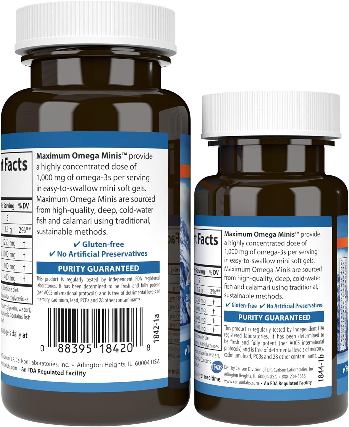 Carlson Maximum Omega Minis Omega-3 lemon flavour bovine soft gels 1000mg 80 count barcode packaging