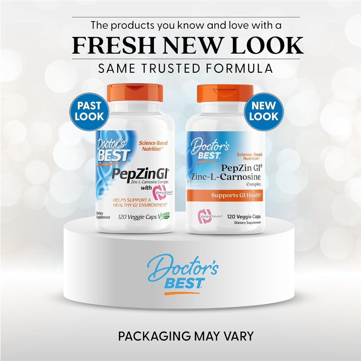 Doctor's Best PepZinGI Zinc-L-Carnosine Complex, bottle packaging, no flavour, 120 veggie capsules, new packaging