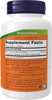 NOW Saw Palmetto Extract Softgels 240 count supplement facts label