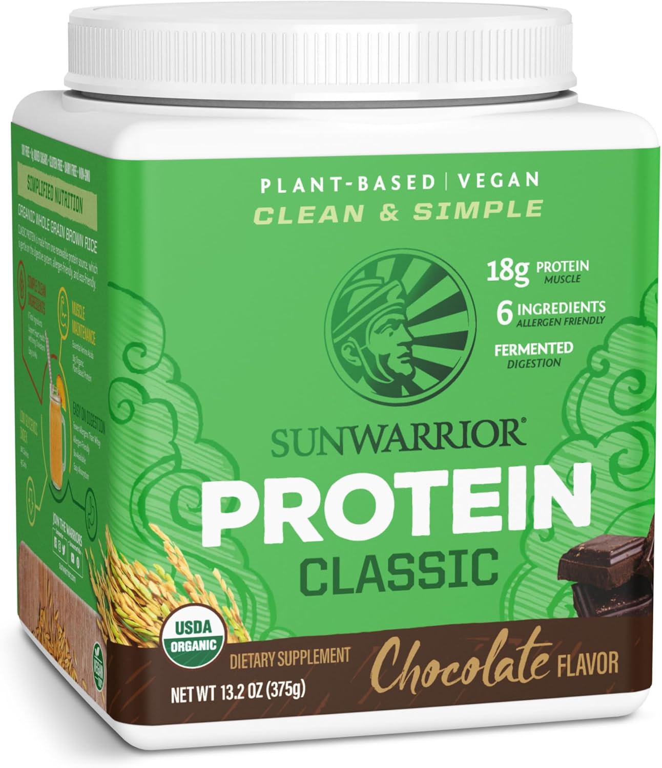 Sunwarrior Organic Brown Rice Protein Powder tub, chocolate flavour 375g