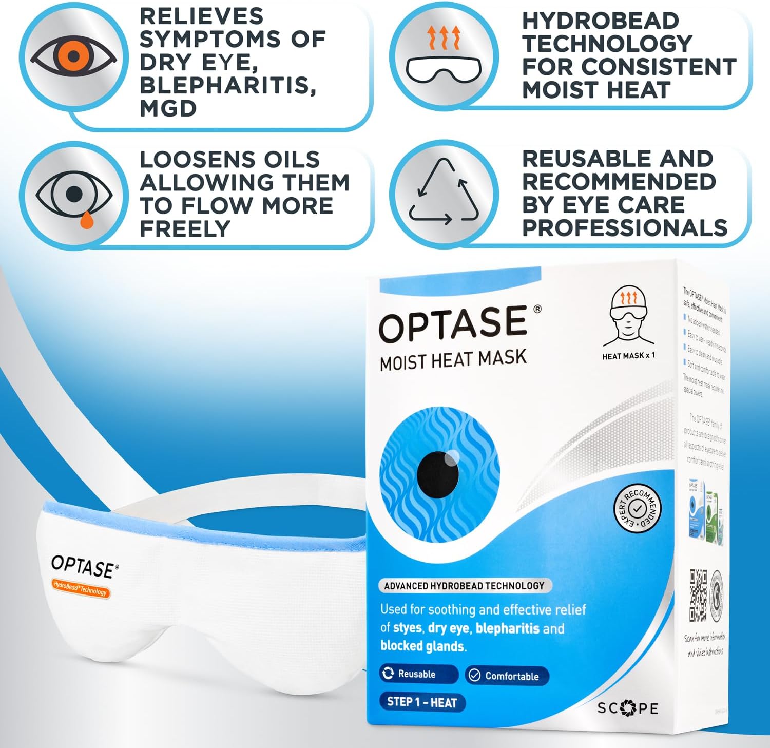 Optase Moist Heat Eye Mask - Reusable, with HydroBead - 1 Mask