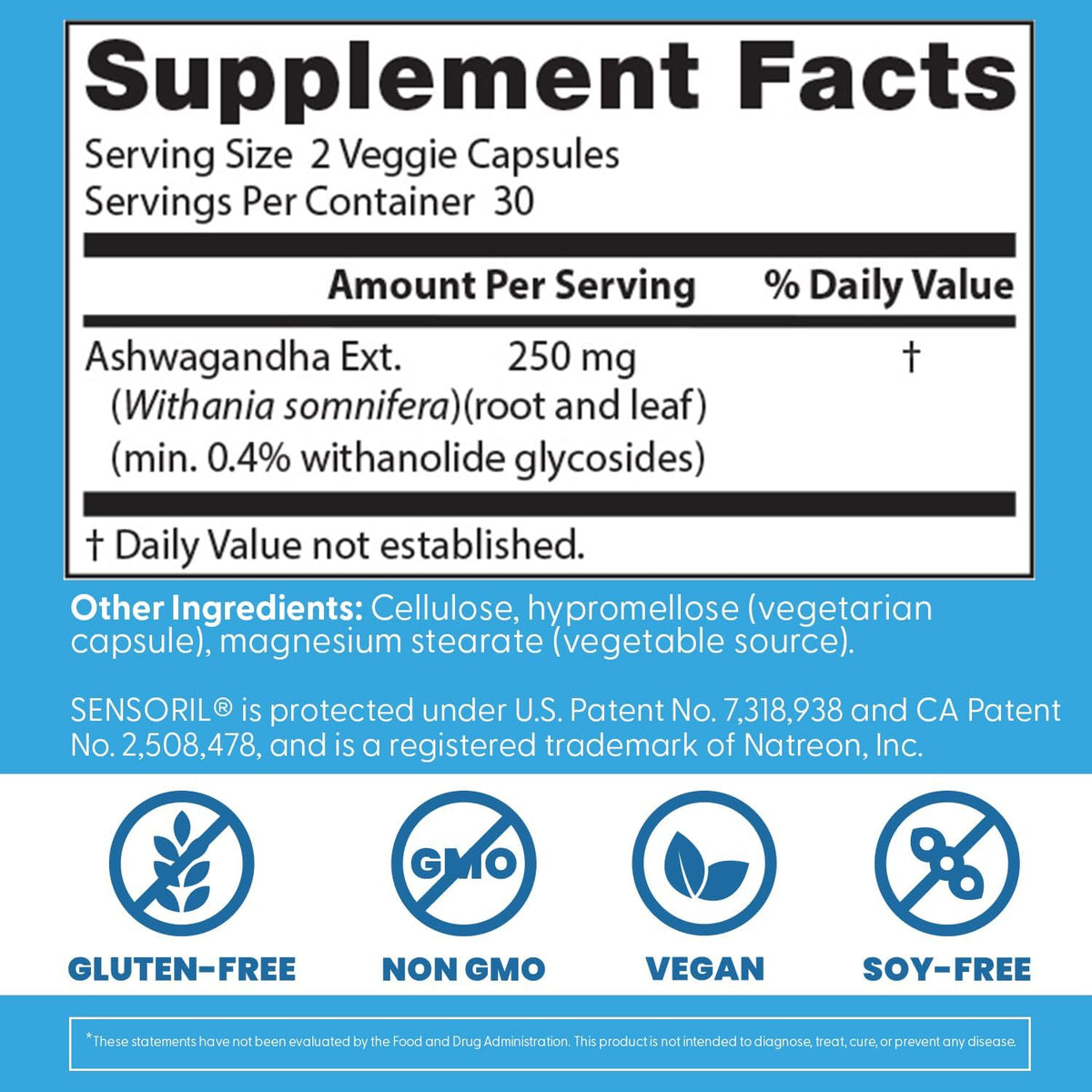 Doctor's Best Ashwagandha with Sensoril, bottle packaging, unflavoured, 250mg, 60 veggie capsules, supplement facts and ingredients