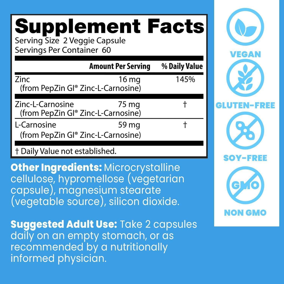 Doctor's Best PepZinGI Zinc-L-Carnosine Complex, bottle packaging, no flavour, 120 veggie capsules, supplement facts and ingredients