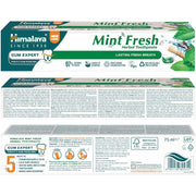 Himalaya Gum Expert Mint Fresh Herbal Gel Toothpaste 75ml packaging showing ingredients and product information & barcode