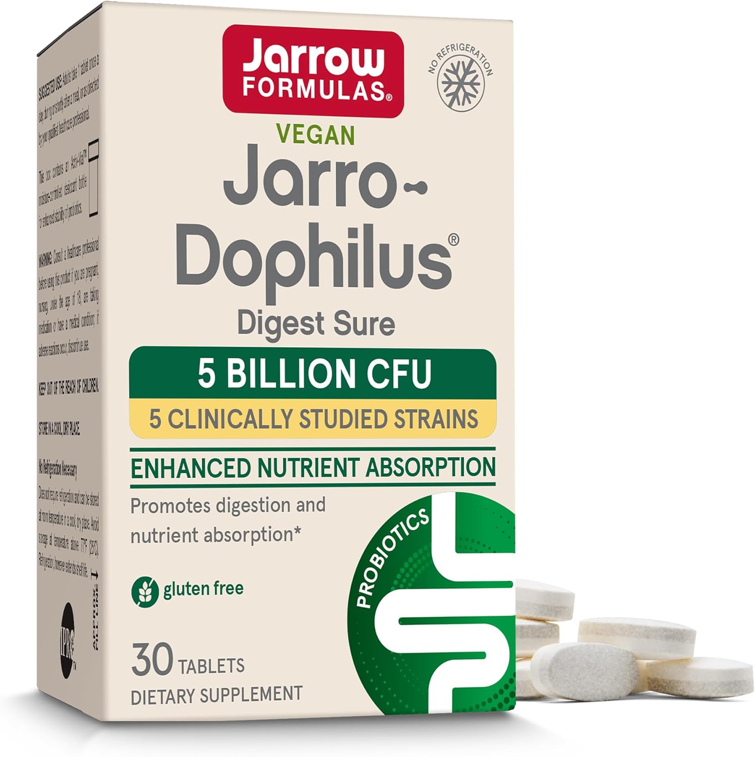 Front Image: Jarrow Formulas Jarro-Dophilus Digest Sure 5 billion CFU tablets 30 count front packaging box