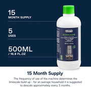 De'Longhi EcoDecalk Coffee Machine Descaler, bottle and carton packaging, unscented formula, 500ml, ingredients and safety information