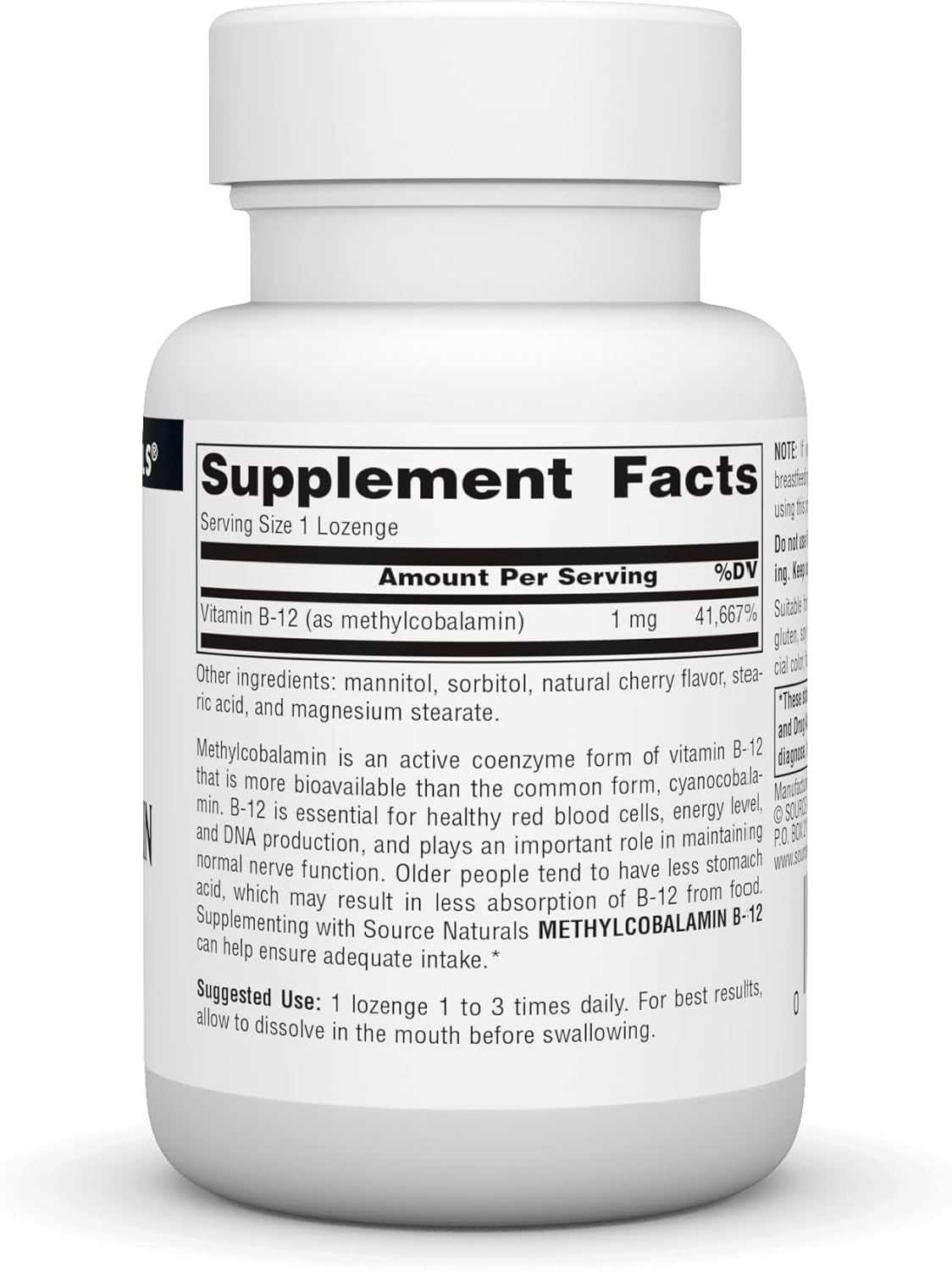 Supplement facts & ingredients image: Source Naturals Vitamin B12 methylcobalamin cherry lozenges ingredient panel 60 count