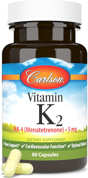 Front image: Carlson Vitamin K2 MK4 5 mg capsules supplement bottle 60 count