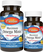 Carlson Maximum Omega Minis Omega-3 lemon flavour bovine soft gels 1000mg 80 count front packaging