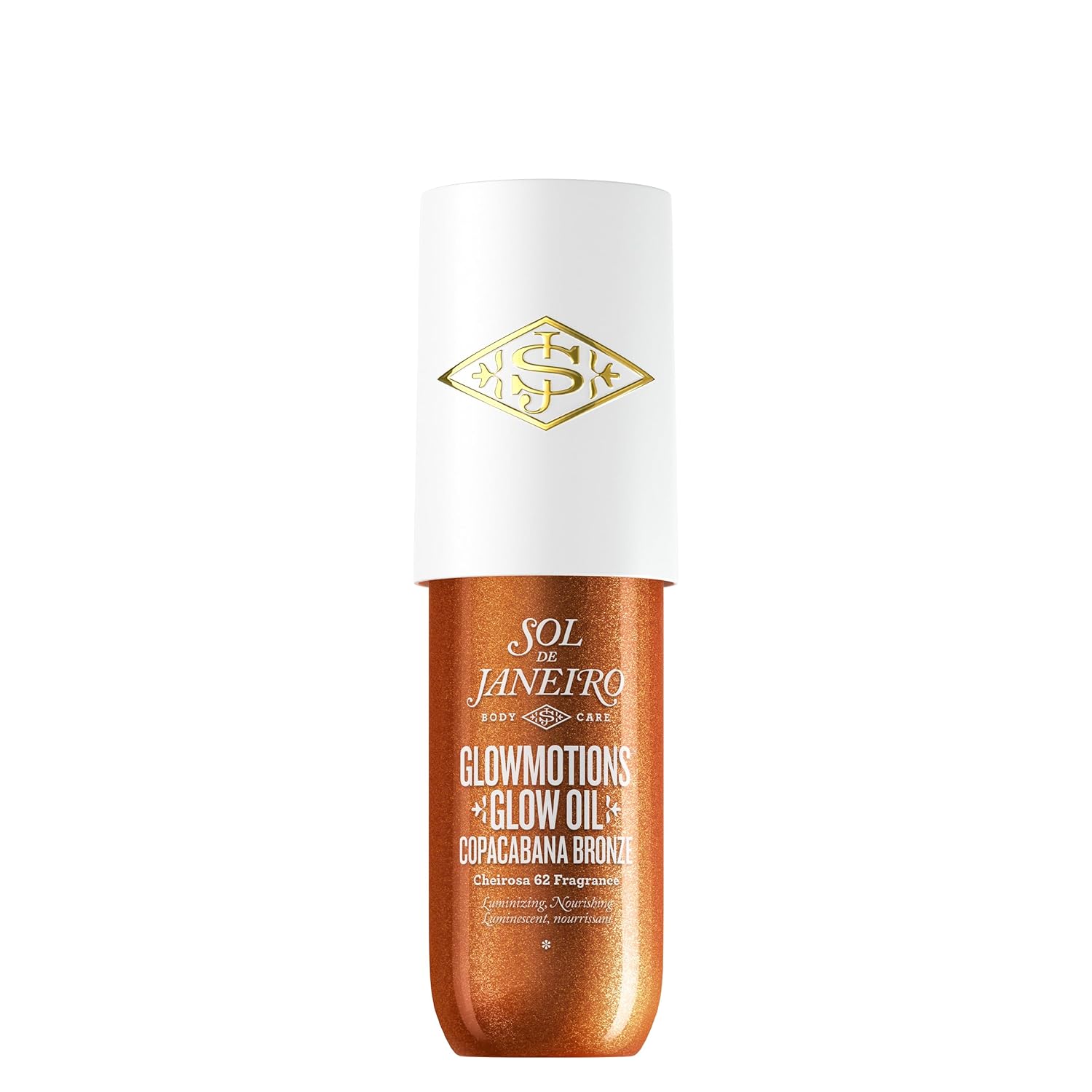 Front image: Sol de Janeiro Glowmotions glow body oil Copacabana Bronze bottle Cheirosa 62 fragrance 75ml single pack