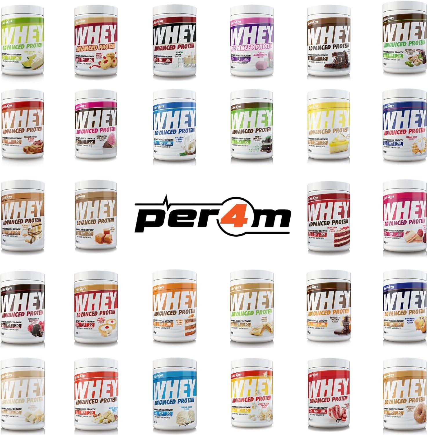 Multiple containers of whey protein powder with Per4m logo.