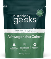 Nutrition Geeks Ashwagandha Calm+ 3000mg, vegan food supplement capsule packaging, no flavour, 60 capsules