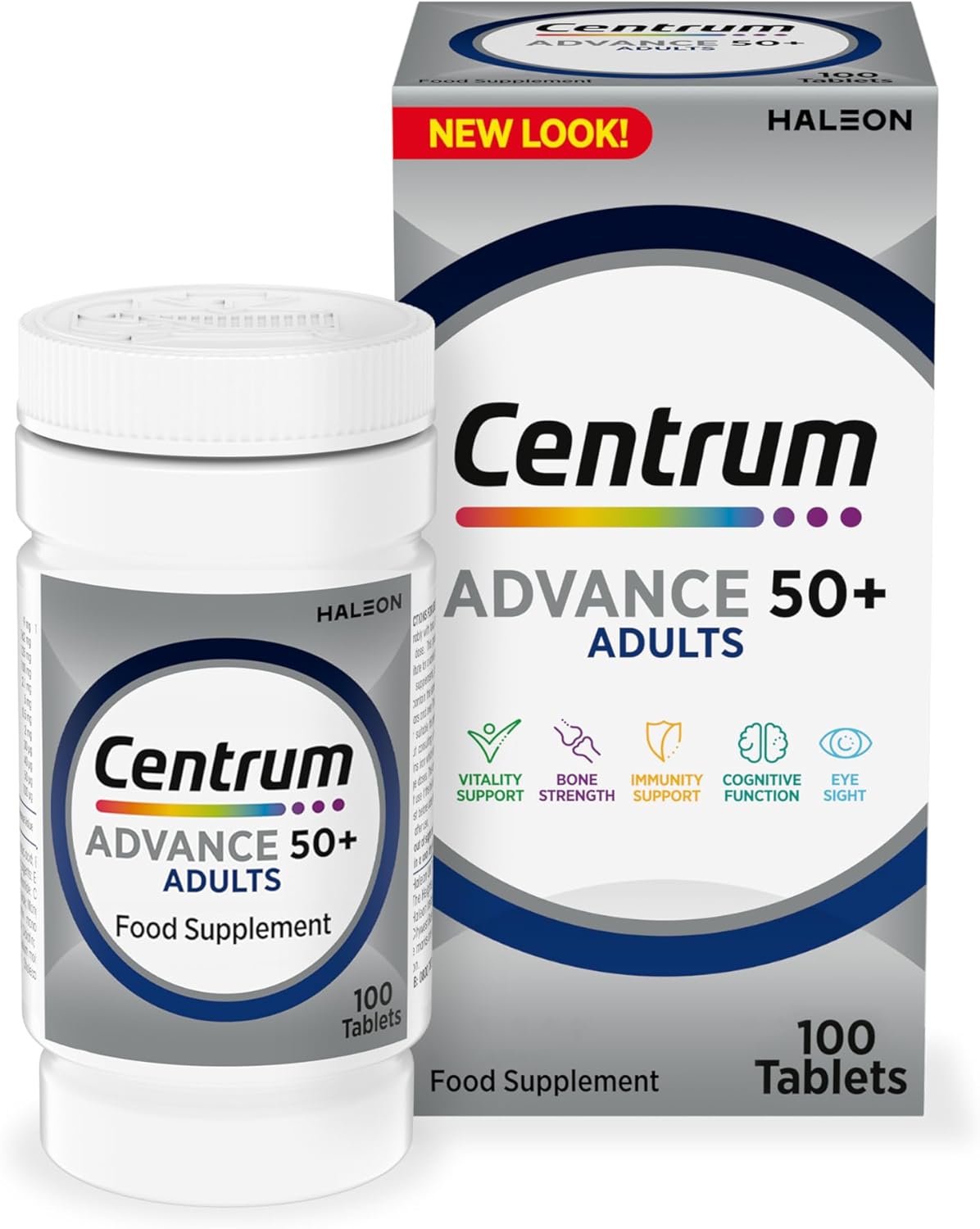 Centrum Advance 50+ Adults Multivitamin bottle & box, 100 tablets.