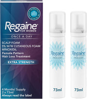 Regaine for women hair loss treatment packaging and bottles on a white background