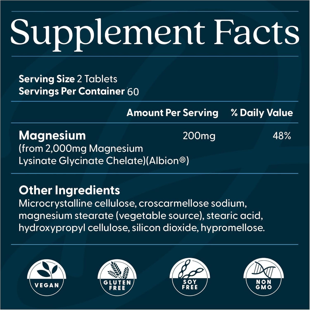 Doctor's Best Magnesium Lysinate Glycinate, bottle packaging, unflavoured, 200mg, 120 or 240 tablets, supplement facts and ingredients