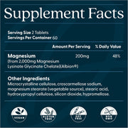 Doctor's Best Magnesium Lysinate Glycinate, bottle packaging, unflavoured, 200mg, 120 or 240 tablets, supplement facts and ingredients