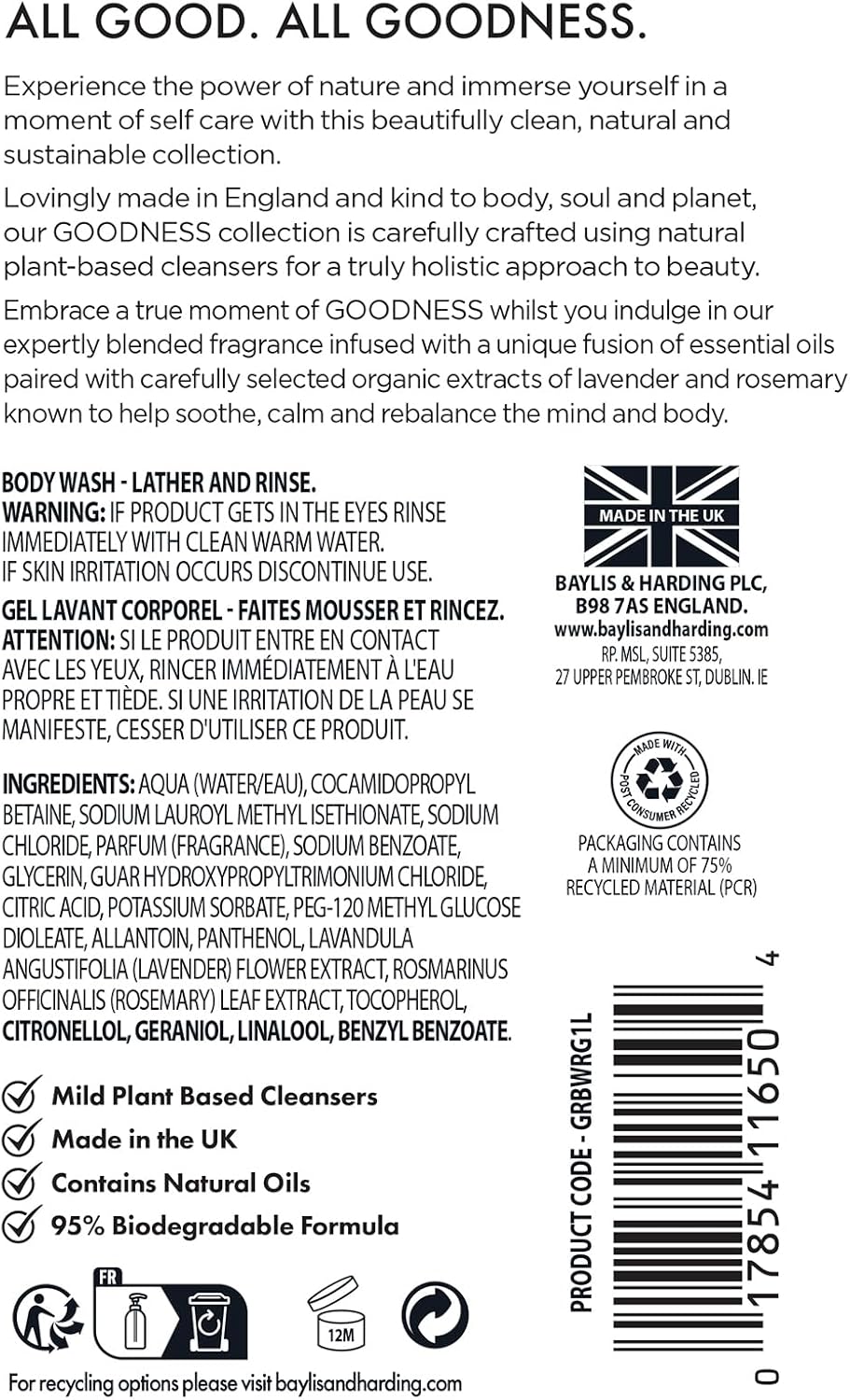 Baylis & Harding body wash duo rose geranium ingredients label bottles 2 x 1 litre